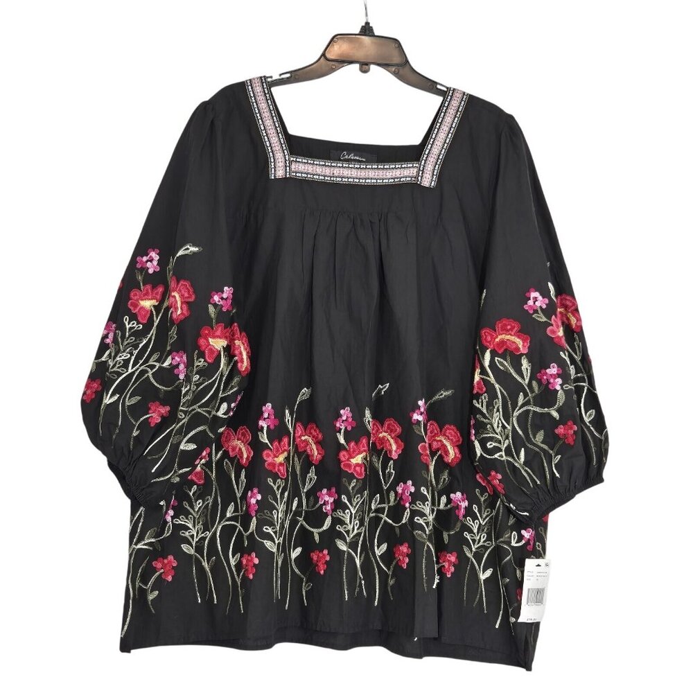 Calessa Women's Size M Floral Peasant Top Black Side Slits  Embroidered (53) - Picture 5 of 12